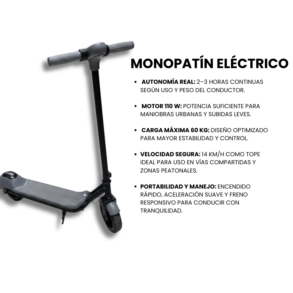 Monopatín eléctrico — Vel. máx 14 km/h · Motor 110W · Carga máx 60 kg · Batería 2–3 h