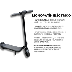 Monopatín eléctrico — Vel. máx 14 km/h · Motor 110W · Carga máx 60 kg · Batería 2–3 h